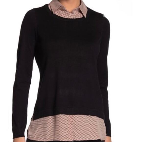 Adrianna Papell Sweaters - Adrianna Papell Pink Clip Dot Ruffle Neck Polka Dot Twofer Layered Sweater Small